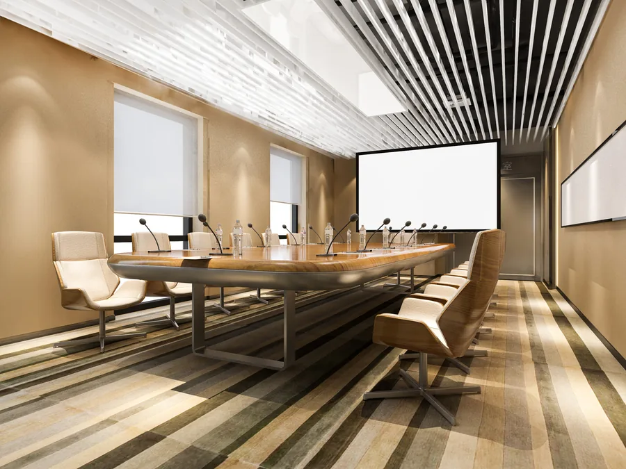 Boardroom with slatted ceiling and timber panels