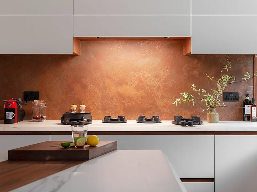 Kitchen with textured copper feature wall