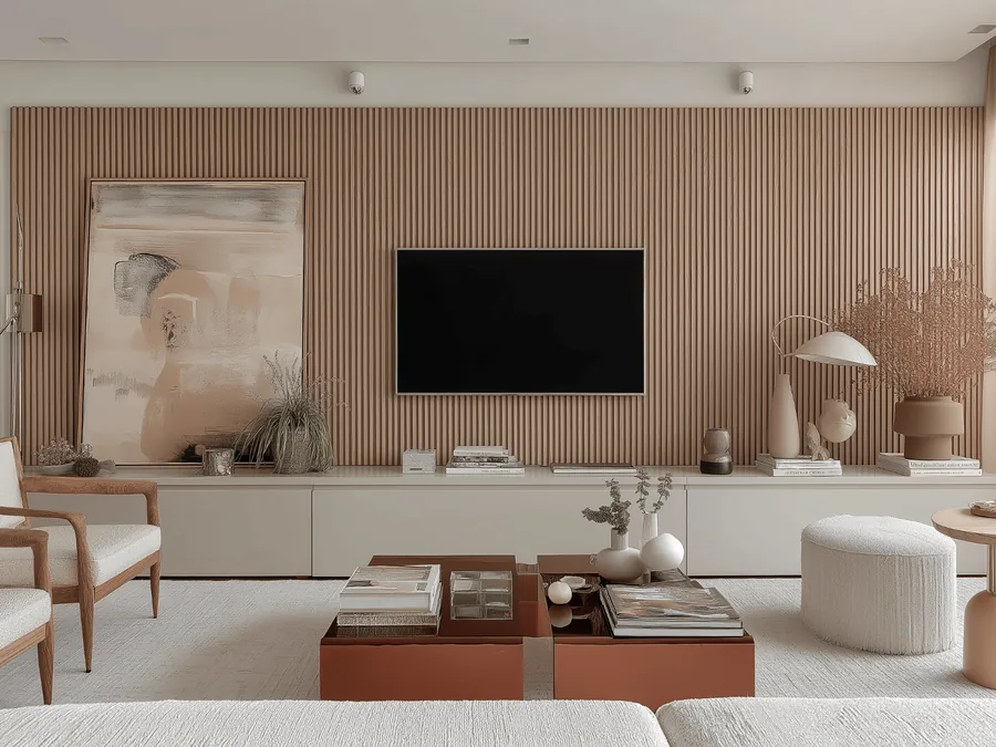 Living room with fluted timber feature wall
